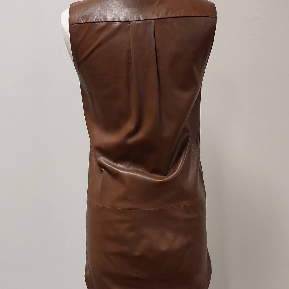 Vince. Brown Leather Sleeveless Short Dress w/pockets Size: 2 - Picture 4 of 10